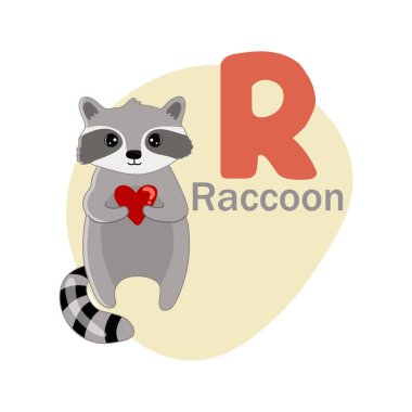 Hayvanlar alfabesi. Beyaz arka planda izole edilmiş şirin bir rakun. Çocuklara yabancı dil öğretmek için vektör illüstrasyonu. R harfi