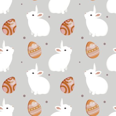 Paskalya tavşanı ve yumurtalarla kusursuz vektör deseni. Mavi arkaplanda renkli bir illüstrasyon var. Baskı, tişört, tasarım, duvar kağıdı, dekor, tekstil için. Boho arkaplanı