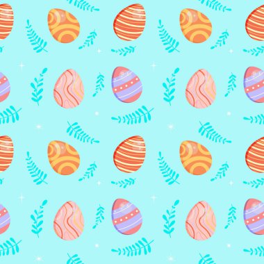 Paskalya yumurtaları ve çiçekler. Çizgi film tarzında sevimli, çocuksu, kusursuz bir desen. Mutlu Paskalyalar.!