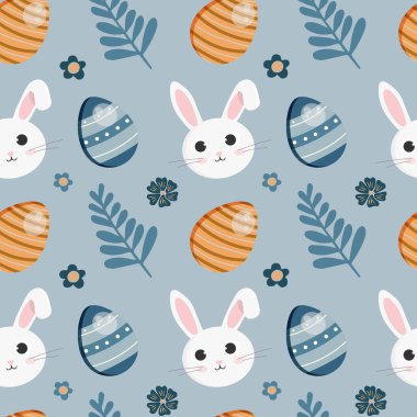 Paskalya konseptiyle kusursuz vektör deseni. Mavi arkaplanda renkli bir illüstrasyon var. Baskı, tişört, tasarım, duvar kağıdı, dekor, tekstil için. Tavşan, yumurtalar.