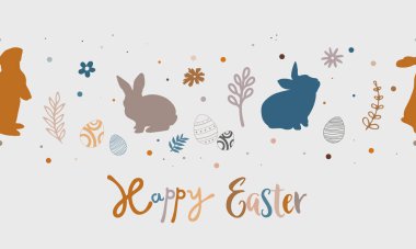 Tavşanlı, çiçekli, paskalya yumurtalı, paskalya kartlı, afişli, tekstil ürünlü şirin Paskalya yatay desenli.