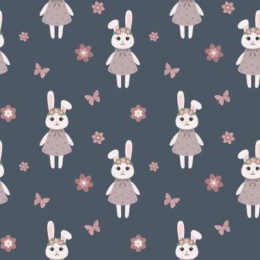 Çelengin içinde tavşan ve çiçeklerle kusursuz bir desen. Ambalaj kağıtları, tebrik kartları ve mevsimlik tasarımlar için arka plan. Mutlu Paskalyalar..