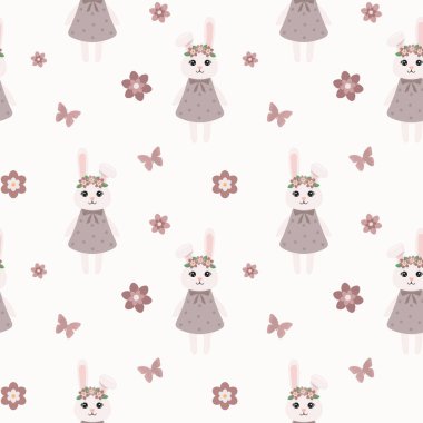 Çelengin içinde tavşan ve çiçeklerle kusursuz bir desen. Ambalaj kağıtları, tebrik kartları ve mevsimlik tasarımlar için arka plan. Mutlu Paskalyalar..