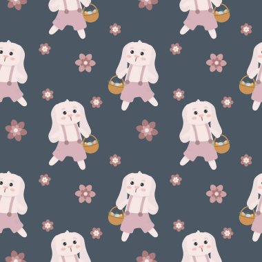 Tavşanlı, sepetli ve çiçekli kusursuz desen. Ambalaj kağıtları, tebrik kartları ve mevsimlik tasarımlar için arka plan. Mutlu Paskalyalar..