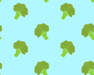 Mavi arka planda brokoli olan kusursuz bir desen. Vejetaryen konsepti. Tekstil kumaş, ambalaj kağıdı ve web siteleri için duvar kağıdı tasarımına uygun. Vektör illüstrasyonu.