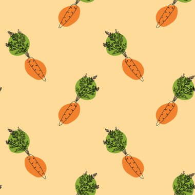 Bej arkaplanda havuç deseni var. Havuç çizmeye devam et. Bej arka planda siyah çizgili, renkli lekeli. Vegan kavramı