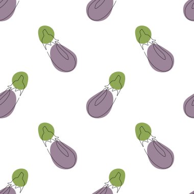 Beyaz arka planda patlıcan deseni var. Patlıcan çizmeye devam et. Beyaz arka planda siyah çizgiler ve renkli lekeler. Vegan kavramı