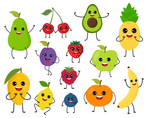 Set Von Niedlichen Lustigen Cartoon Früchte Charaktere Kawaii Stil Isoliert — Stockvektor