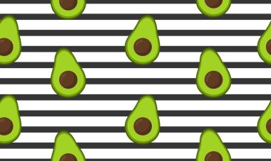 Çizgili arka planda avokado olan kusursuz vektör deseni. Tekstil kumaş, ambalaj kağıdı ve web siteleri için duvar kağıdı tasarımına uygun. Vektör illüstrasyonu.