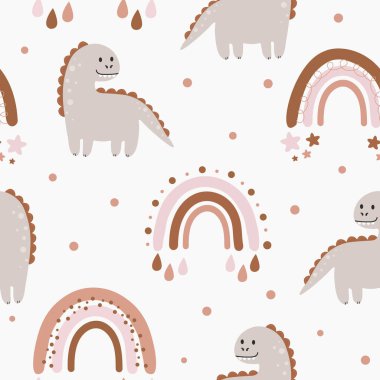 Dinozor ve gökkuşağı desenli kusursuz vektör deseni. Paket kağıdı, tebrik kartı ve tasarım için bebek arkaplanı.