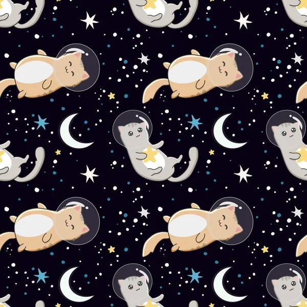 Yıldızlı Arka Planda Sevimli Kedi Astronotları Olan Kusursuz Desenler Ambalaj — Stok Vektör