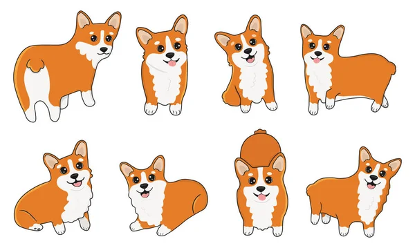 一套卡通片风格的威尔士科奇 收集狗的角色 平面插图设计 印刷品 在白色背景上孤立的向量图 — 图库矢量图片