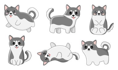 Çizgi film tarzında iri yapılı. Köpek karakterleri koleksiyonu, tasarım, dekor, baskı, çıkartmalar, posterler için düz çizimler. Beyaz arkaplanda izole edilmiş vektör illüstrasyonu.