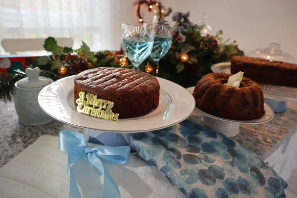 Fruit Cake Dining Table Decorated Festive Occasion — Zdjęcie stockowe