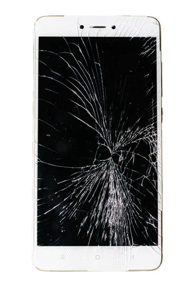 Smartphone med trasig skärm isolerad på vit — Stockfoto