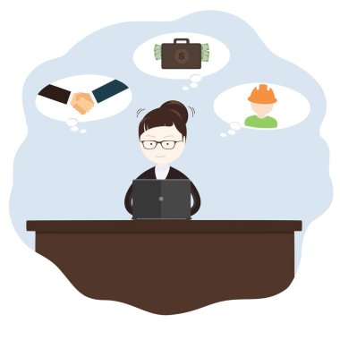 İş kadını, elinde dizüstü bilgisayarla konuşma baloncuklarıyla masada oturuyor. Vektör illüstrasyonu, düz biçim.