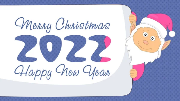 Cüce Mutlu Noeller Mutlu Yıllar 2022 Posterinin Arkasından Bakıyor — Stok Vektör