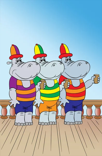 Three Hippos Morning Balcony Drink Coffee Cartoon White Background — Stock Vector