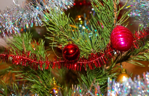 Rama Árbol Navidad Decorada Con Juguetes Cerca — Foto de Stock