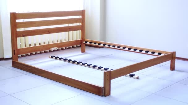 Sequential Assembly Frame Slats Double Wooden Bed — Stock Video