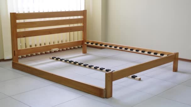 Sequential Assembly Frame Slats Double Wooden Bed — Stock Video