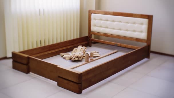Mounting Frame Orthopedic Double Wooden Bed Soft Back — Stock Video