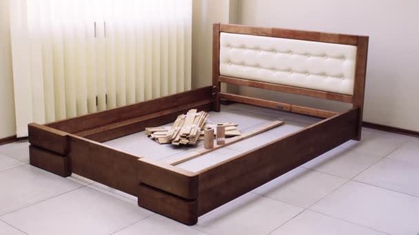 Mounting Frame Orthopedic Double Wooden Bed Soft Back — Stock Video