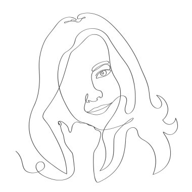 Bir çizgi çizme stili. Portre, düşünceli bir kız başını eline yasladı. Modern Minimalist Basit Doğrusal Stil. Tasarım kartı, poster, afiş, moda baskısı için kullan..