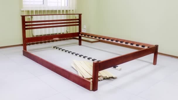 Assembly Frame Orthopedic Wooden Double Bed Hard Back Dark Color — Stock Video