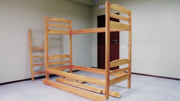 Sequential Assembly Bunk Wooden Bed Ladder Mattresses Tilt Shift Video — Stock Video