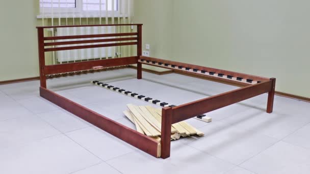 Assembly Frame Orthopedic Wooden Double Bed Hard Back Dark Color — Stock Video