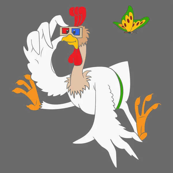 Funny White Rooster Stereo Glasses Isolated Background Drawing Vector Cartoon — Stock Vector