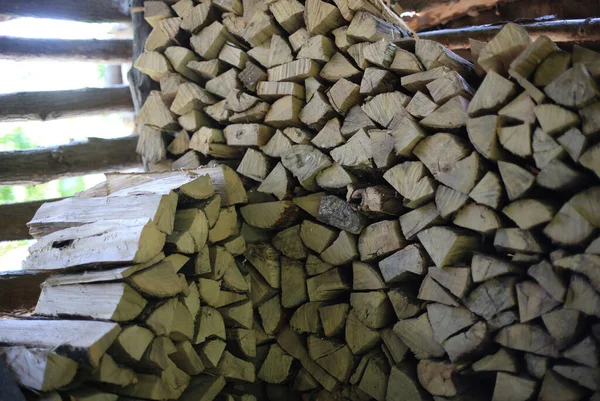 冬に収穫された薪を細かく刻み — ストック写真