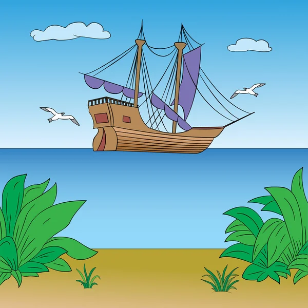 Kıyıdan uzaklaşan tarihi bir ahşap yelkenliyi tasvir eden poster tasarımı. Mutlu Columbus Günü tebrik kartı, Vektör illüstrasyonu, çizgi film