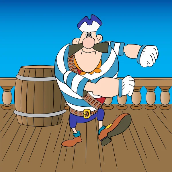 滑稽的水手在木船甲板上行走 卡通画 — 图库矢量图片