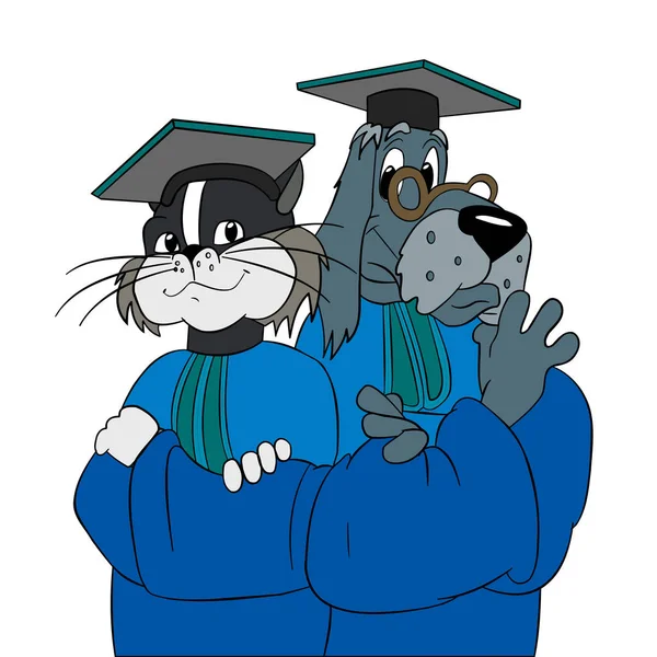 Illustration Cartoon Cat Dog Square Academic Cap Students Graduates Uniform — Stock Vector