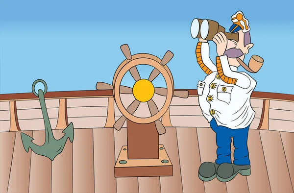Ship Captain Deck Looking Binoculars Coloring Cartoon — Stock Vector