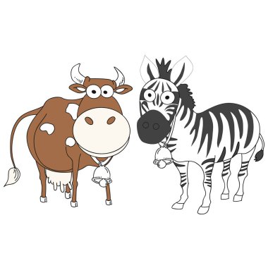 komik inek ve zebra çanları yan yana durur, çizgi film, çizim, vektör, beyaz arka plan