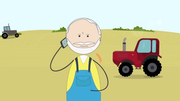 Agricultor Engraçado Com Espigão Trigo Sua Boca Chama Uma Equipe — Vídeo de Stock