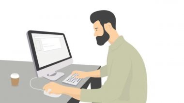 Adam bilgisayarın başında çalışıyor ya da çalışıyor, düz animasyon.