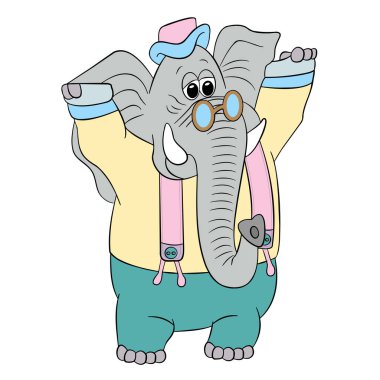 Gözlüklü ve tulumlu komik karikatür fili, elleri yukarıda, vektör, beyaz arka planda