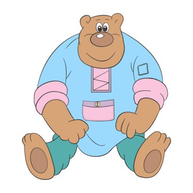 Gömlekli neşeli ayı beyaz arka planda oturur, çizgi film, vektör,