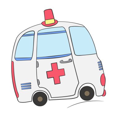 Çizim, çizim, vektör üzerinde beyaz bir arka plan üzerinde bir flasher ile bir çizgi ambulans sürdü