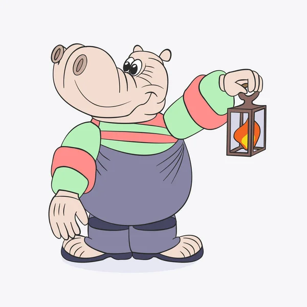 Drôle Hippopotame Avec Une Lampe Huile Main Dessin Animé Vecteur — Image vectorielle