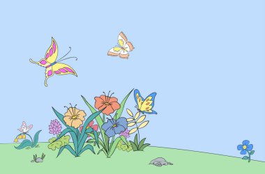 İlkbaharda çiçekler ve kelebekler açıklıkta, renklerde, karikatürlerde