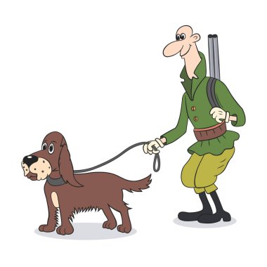 Tabancalı komik kel avcı ve tasmalı bir köpek, karikatür, beyaz arka planda.