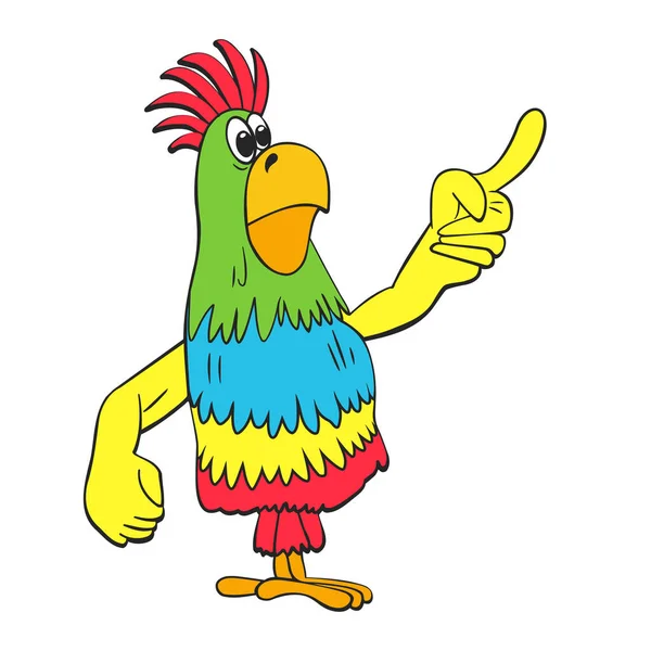 Surprised Funny Parrot Holds Index Finger Points Finger Cartoon White — Stok Vektör