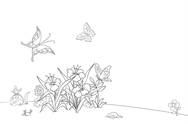 Blumen Und Schmetterlinge Frühling Auf Einer Lichtung Umriss Karikatur — Stockvektor