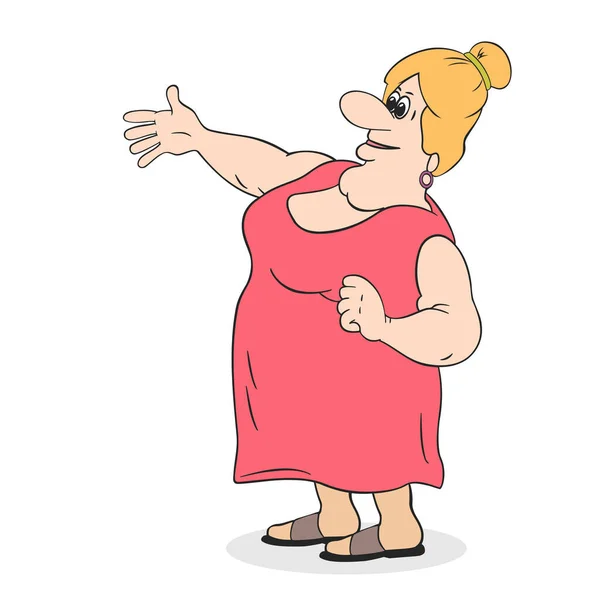Mollig Huisvrouw Een Sundress Met Haar Hand Opgeheven Cartoon Een — Stockvector