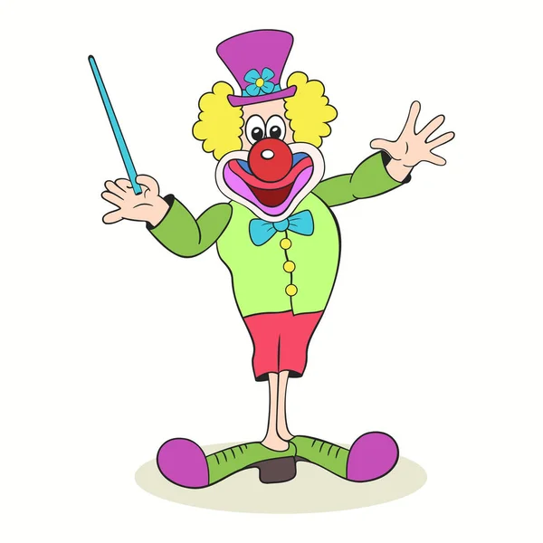 笑逐颜开的小丑拿着一根魔杖在白色的背景上画着漫画 — 图库矢量图片